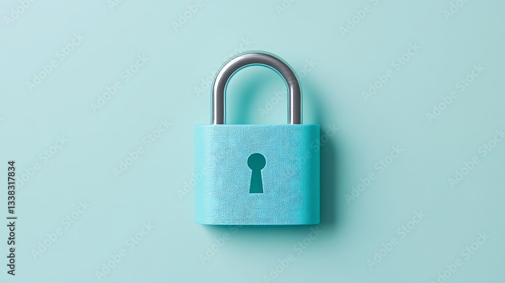 Poster blue padlock on mint green background symbolizing security and privacy in digital and physical space