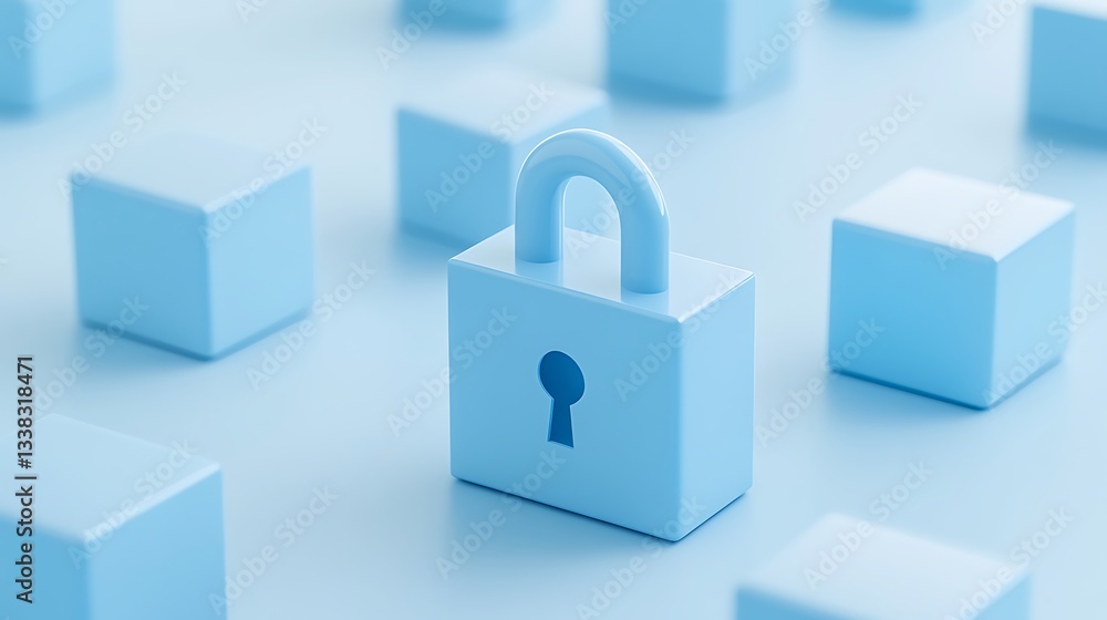 Poster blue padlock surrounded by soft blue blocks on a gentle background representing security and protect