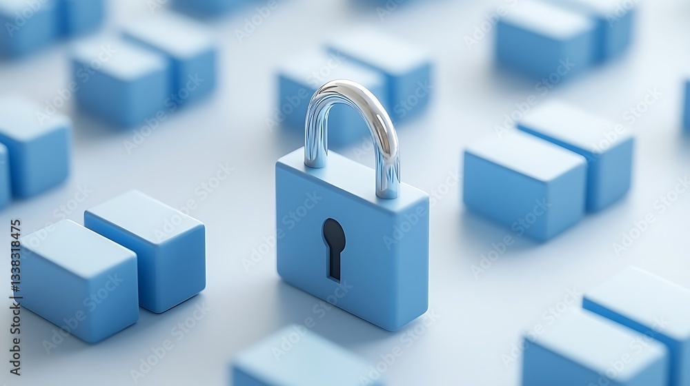 Poster Blue Padlock Surrounded by Blocks on a Soft Surface Representing Security and Protection in Technology and Data