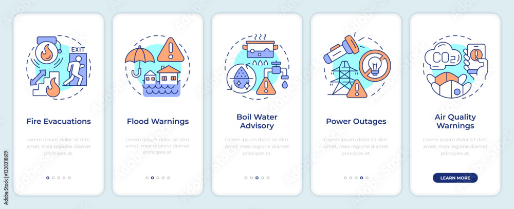 Poster safety and emergency alerts onboarding mobile app screen. walkthrough 5 steps editable graphic instr