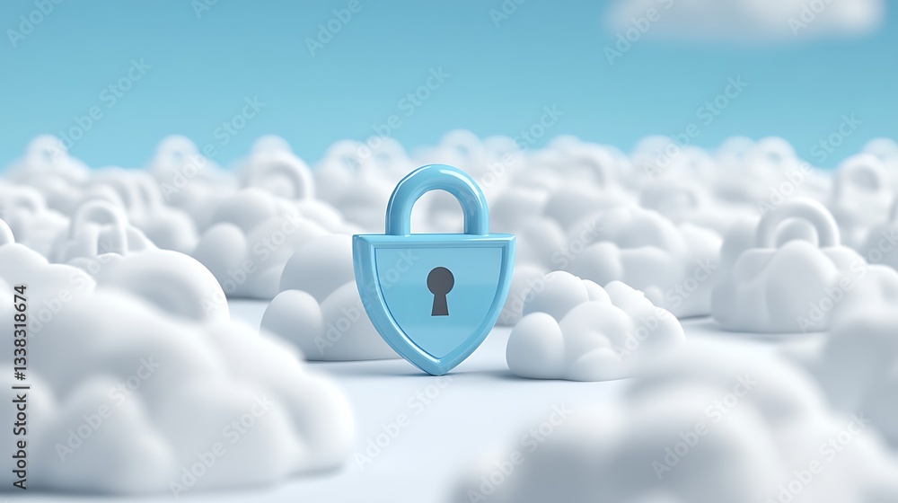 Poster blue padlock symbolizing data security in a cloud computing environment with soft, fluffy clouds