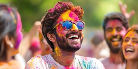 A riot of color and joy: a portrait of a man covered in vibrant powders at the Holi festival, radiating pure happiness and the infectious spirit of the celebration. 