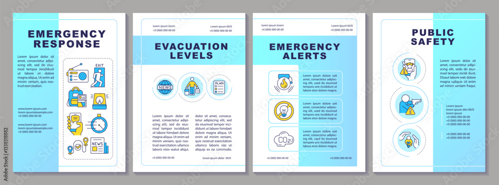 Poster emergency response blue brochure template. dealing with unexpected dangerous accidents. leaflet desi