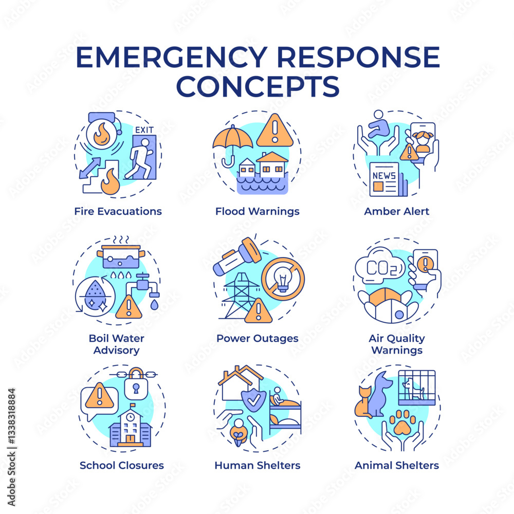 Poster emergency responses multi color concept icons. dealing with threats and crisis. public safety develo