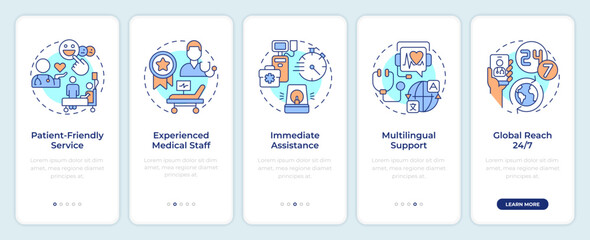 Quality of medical services onboarding mobile app screen. Walkthrough 5 steps editable graphic instructions with linear concepts. UI, UX, GUI template. Montserrat SemiBold, Regular fonts used