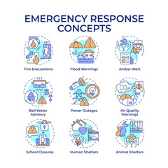 Emergency responses multi color concept icons. Dealing with threats and crisis. Public safety development. Icon pack. Vector images. Round shape illustrations for brochure. Abstract idea