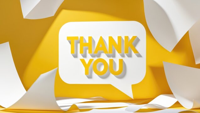 Thank you message for card, presentation, business. Conveying gratitude, acknowledgment, and appreciation. Minimalist abstract design featuring white cut-out paper against a yellow backdrop.
