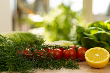 Freshly washed vegetables on the table. Dill and lemon. Ingathering.