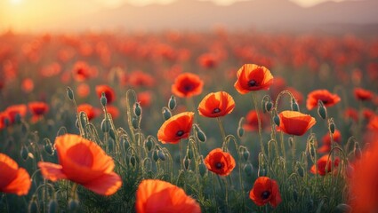 Obraz premium Stunning landscape of red poppies illuminated by sunset light.