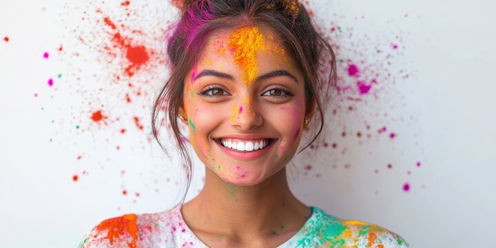 Holi Celebration: A young woman, radiating joy and festivity, is adorned with vibrant colored powder. The explosion of colors captures the exuberance and cultural richness of Holi.