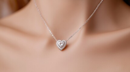 Close-up of elegant heart-shaped diamond necklace on woman's neck