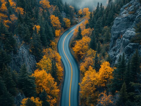 Atemberaubende Luftaufnahme einer kurvenreichen Gebirgsstra&szlig;e im Herbst