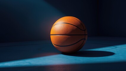 Fototapeta premium Basketball placed on court with striking lighting and shadows, featuring copy space.