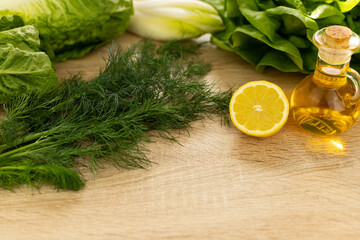 Freshly washed vegetables on the table. Dill and lemon. Ingathering.