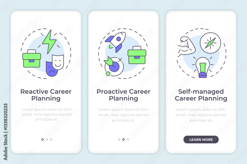 Aufkleber career planning onboarding mobile app screen. skill development. walkthrough 3 steps editable graphi