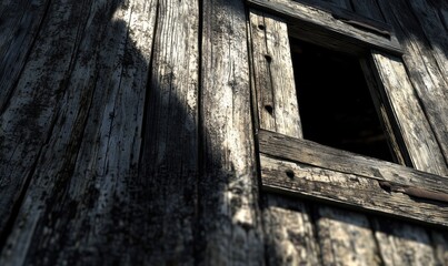 Weathered wooden wall with window frame showcasing rustic textures and shadows