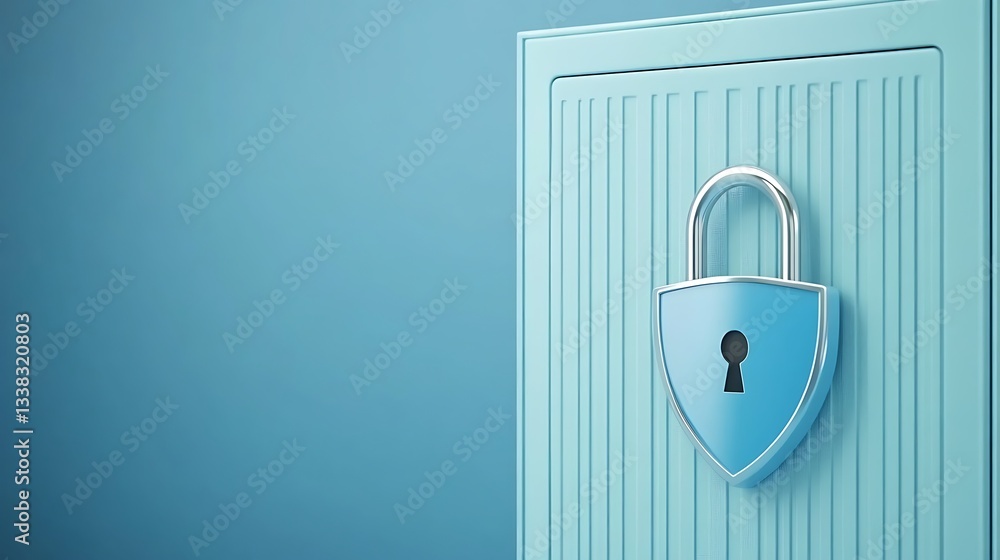 Poster blue safety padlock on a secure door with a smooth gradient background highlighting security and pro