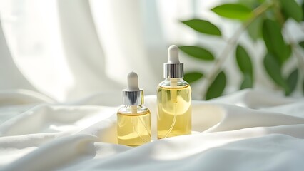 Naklejka premium Elegant Glass Ampoules on Silky Fabric Soft Beauty Shot on Crisp White with Botanical Greens