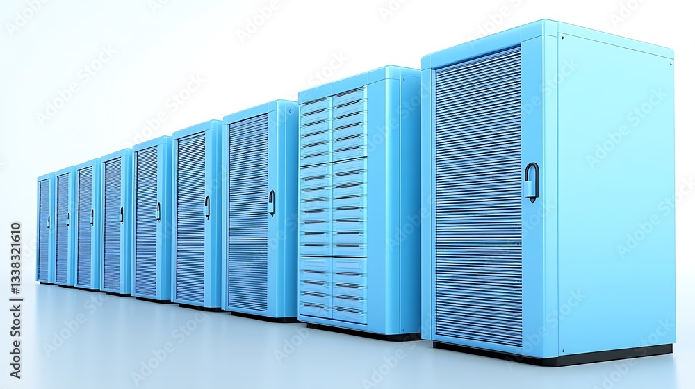 Poster blue server cabinets in a modern data center for technology and networking professionals