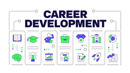 Career development word concept isolated on white. Business, corporate. Goal, milestone. Creative illustration banner surrounded by editable line colorful icons. Hubot Sans font used