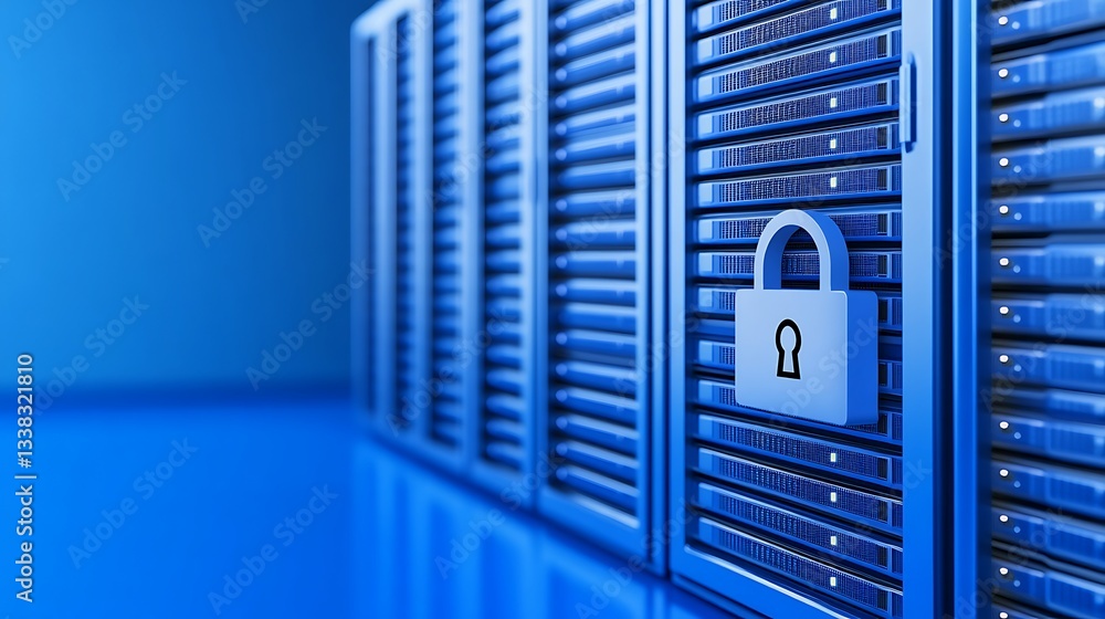 Poster blue server room with locked padlock symbolizing data security and protection in modern technology i