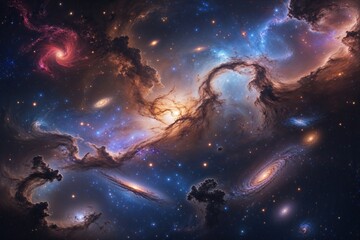 Obraz premium Exquisite Intergalactic Scene with Luminescent Nebula Backdrop and Vibrant Galaxies