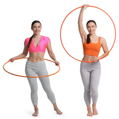 Beautiful young woman training with hula hoop on white background, collage
