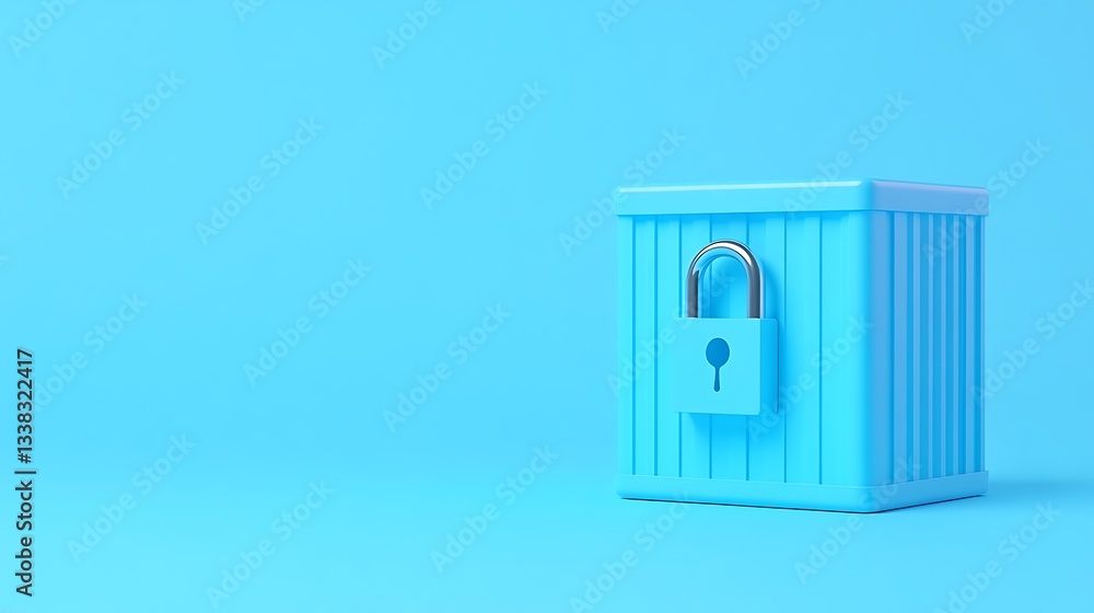 Poster blue storage box with padlock on bright cyan background symbolizing security and protection of perso