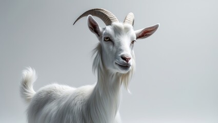 Fototapeta premium Sweet white goat with an almost smiling expression, positioned sideways. Its head is turned, looking at the camera. Isolated on a white backdrop.