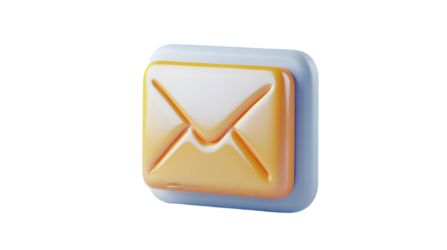 Realistic 3D rendered email or message icon with glossy yellow and white envelope design, modern communication and social media symbol isolated on white background