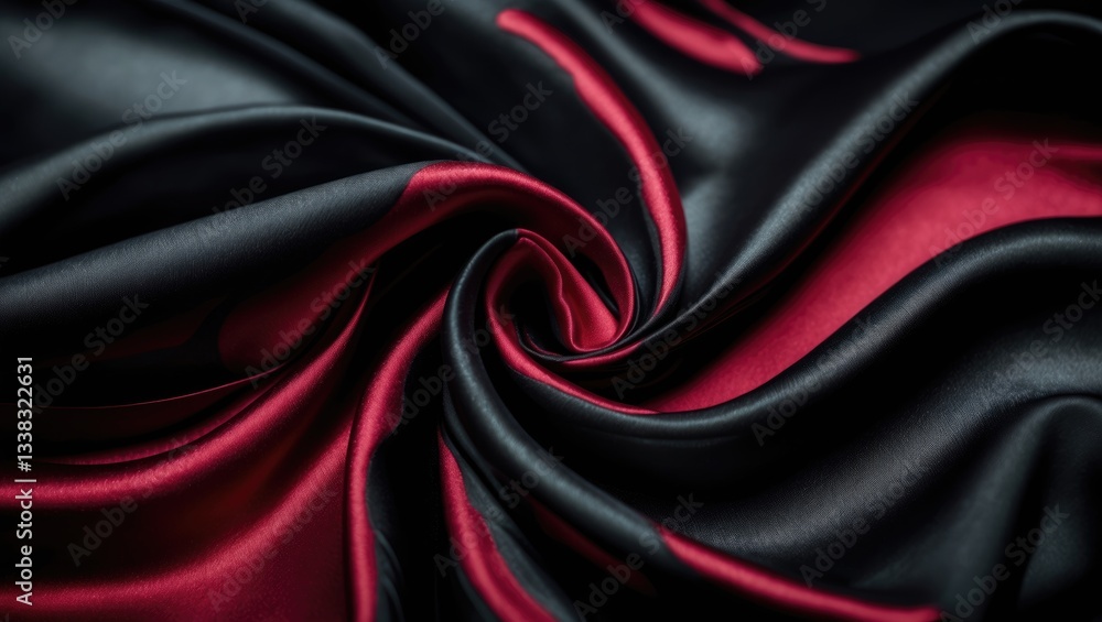 Poster satin black and red textured fabric, dark and luxurious with shiny abstract patterns and soft blurre