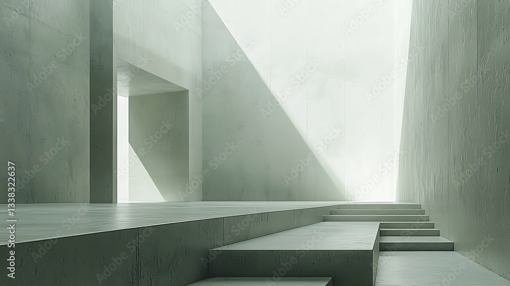 Poster minimalist architecture interior design with geometric platforms and stairs
