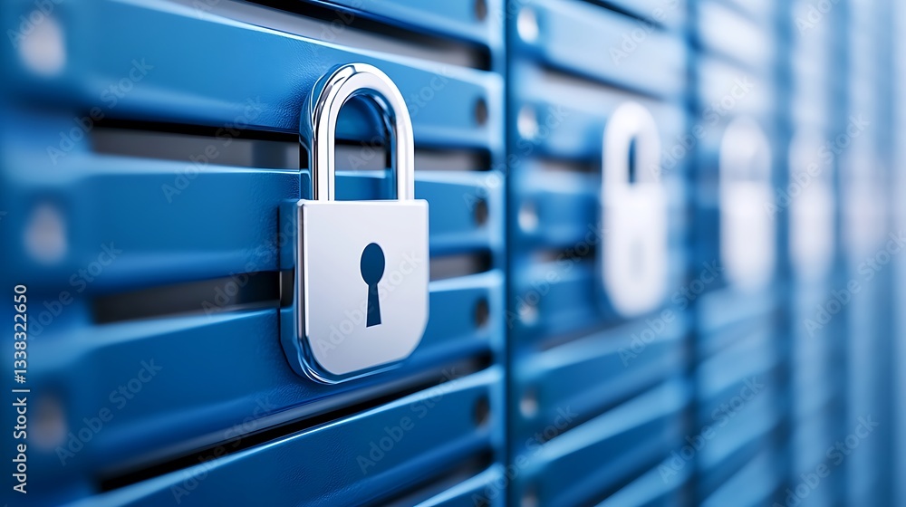 Poster blue storage lock with keyhole on metal railing in secure environment for concept of protection and 