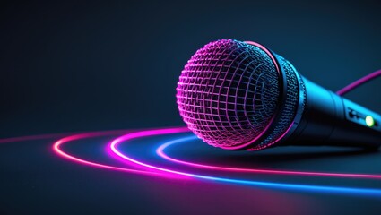 Studio microphone on a dark background with empty space. Black professional condenser microphone illuminated with neon light. Podcast recording.