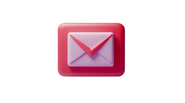Realistic 3D rendered email or message icon with glossy red and pink envelope design, modern communication and social media symbol isolated on white background