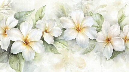 Elegant White Flowers with Green Leaves in Soft Watercolor Style