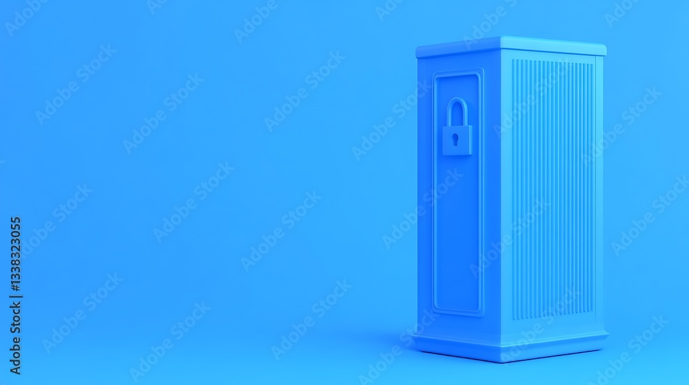 Poster bright blue locker with closed padlock on smooth blue background for security and storage concepts