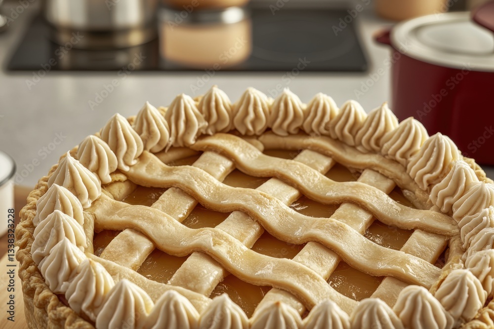 Poster an elegantly decorated apple pie with a lattice crust and piped cream around the edge, displayed on 