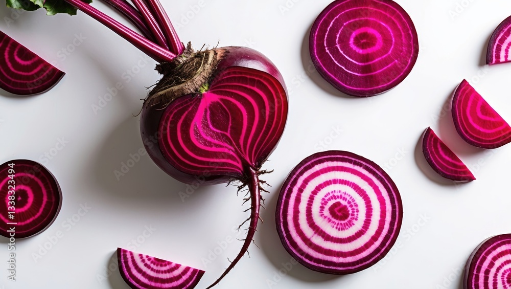 Poster beetroot slices separated on a white background with a clipping path. aerial view with copy space fo