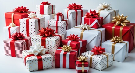 Obraz premium Beautifully presented gift boxes on a white backdrop