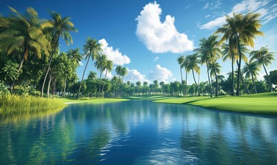 Obraz premium Serene tropical golf course landscape with palm trees and tranquil water reflections
