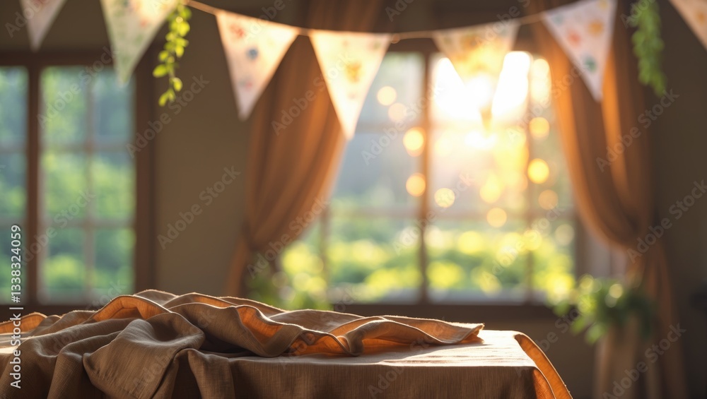 Aufkleber table background cover featuring a tablecloth with a blurred window view and spring atmosphere. spac