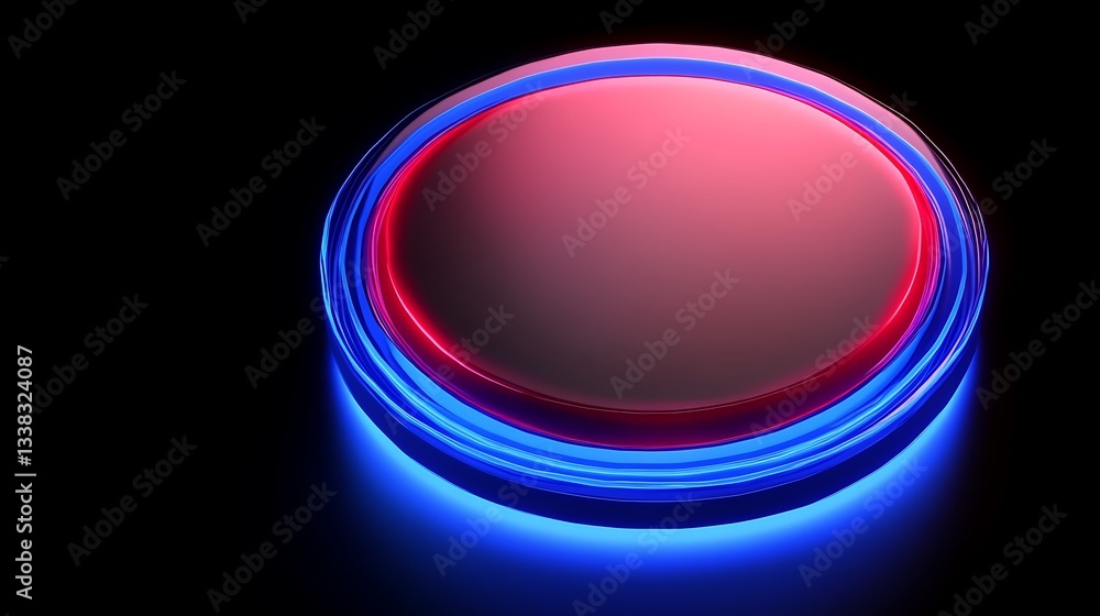 Poster bright circular button with glowing red and blue light effect on black background for digital and gr