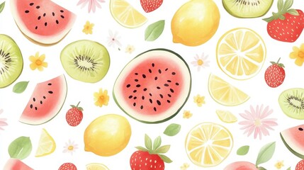 Watercolor summer fruits and blossoms merging in bright, seamless pattern, showcasing watermelon, kiwi, lemon, strawberry slices with delicate floral elements