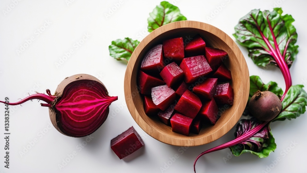 Poster beetroot cut into cubes placed in a wooden bowl, isolated on a white backdrop with a clipping path a