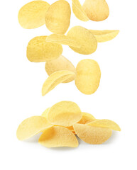 Tasty potato chips falling on white background