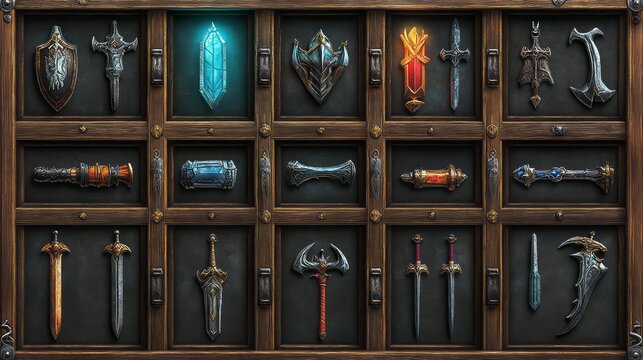 Collection of fantasy weapons and artifacts displayed in wooden case