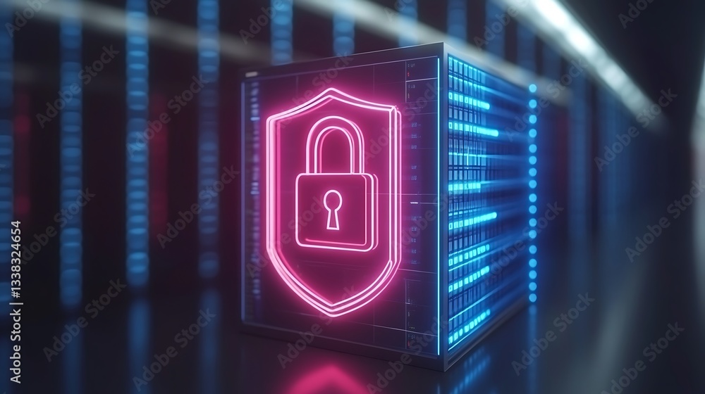 Poster bright neon shield symbol with lock on digital background representing security and cyber protection