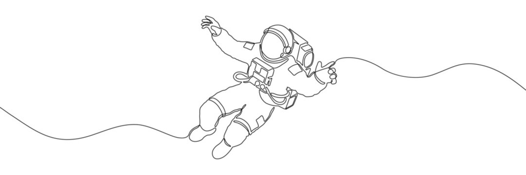 Continuous line drawing of an astronaut floating in space, tethered to a spacecraft, symbolizing space exploration. Vector illustration