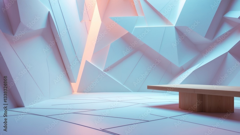 Poster white abstract geometric background presented as a stage with intersecting lines, corners, and polyg